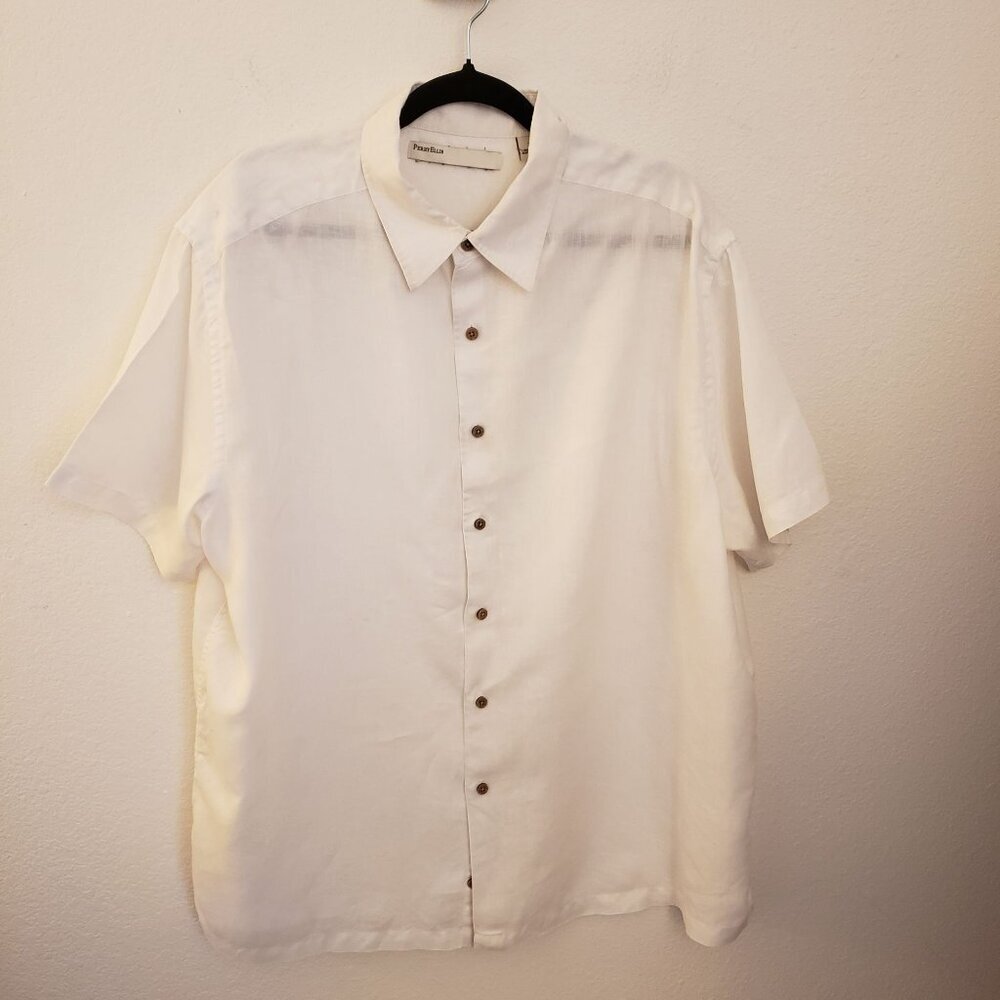 Perry Ellis 100% Linen Off Cream Short Sleeve Button Up Shirt Size XXL EUC